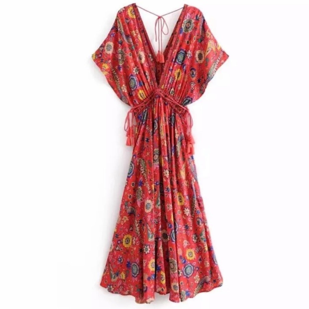 Red Boho Floral Bird Gypsy Print Maxi Long - Picture 6 of 9